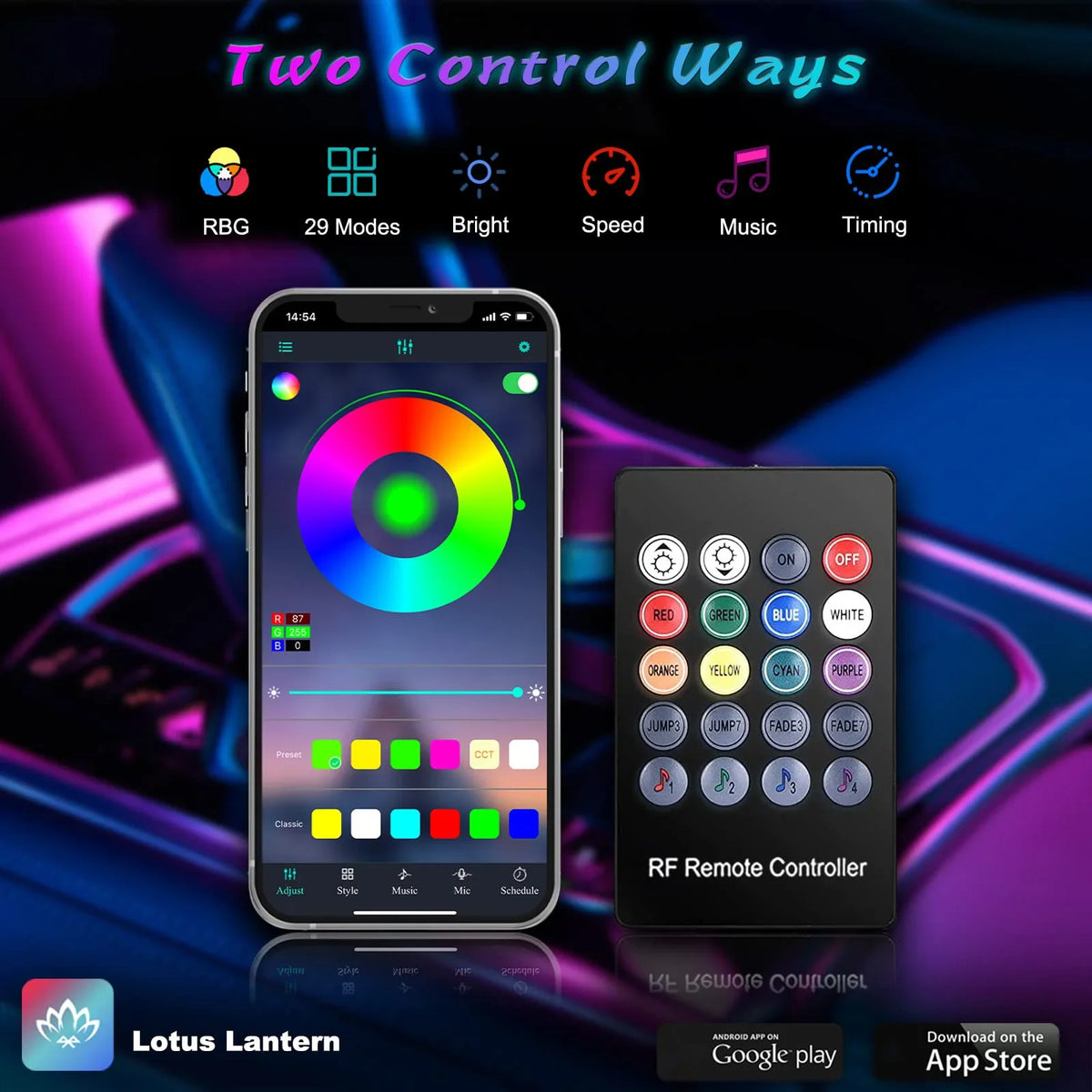 LED Car Interior Ambient Strip Lights RGB Fiber Optic Atmosphere Neon Lighting Kit W/ APP Remote Control Auto Decorative Lamps