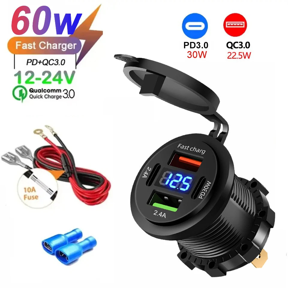 Car Charger Socket Dual Type-C & Dual USB 4Ports Fast Charging Socket Waterproof with Voltmeter 12V/24V For Car Boat Motorcycle