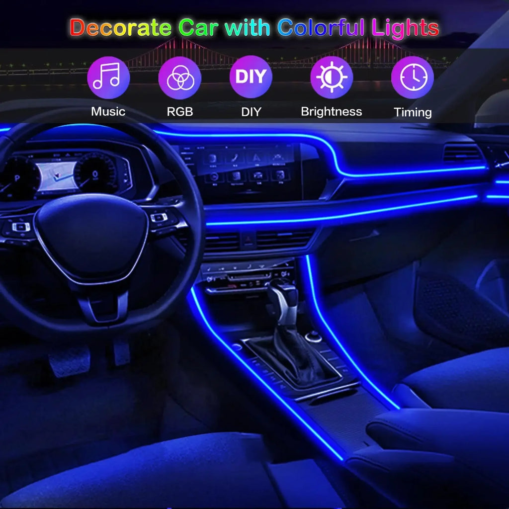 LED Car Interior Ambient Strip Lights RGB Fiber Optic Atmosphere Neon Lighting Kit W/ APP Remote Control Auto Decorative Lamps