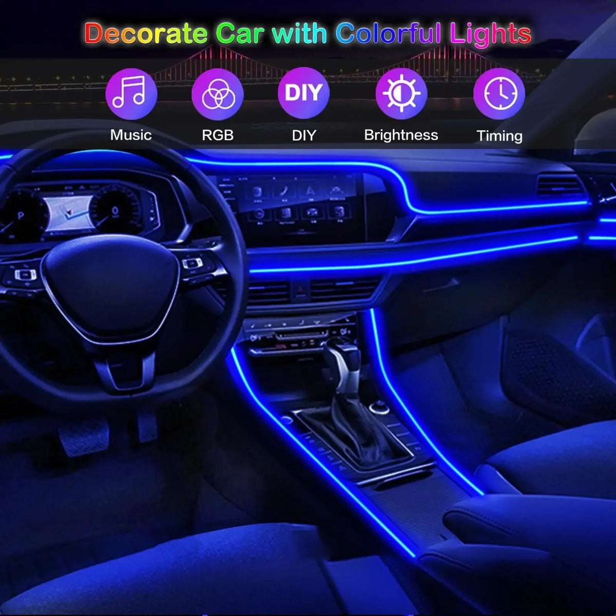 LED Car Interior Ambient Strip Lights RGB Fiber Optic Atmosphere Neon Lighting Kit W/ APP Remote Control Auto Decorative Lamps