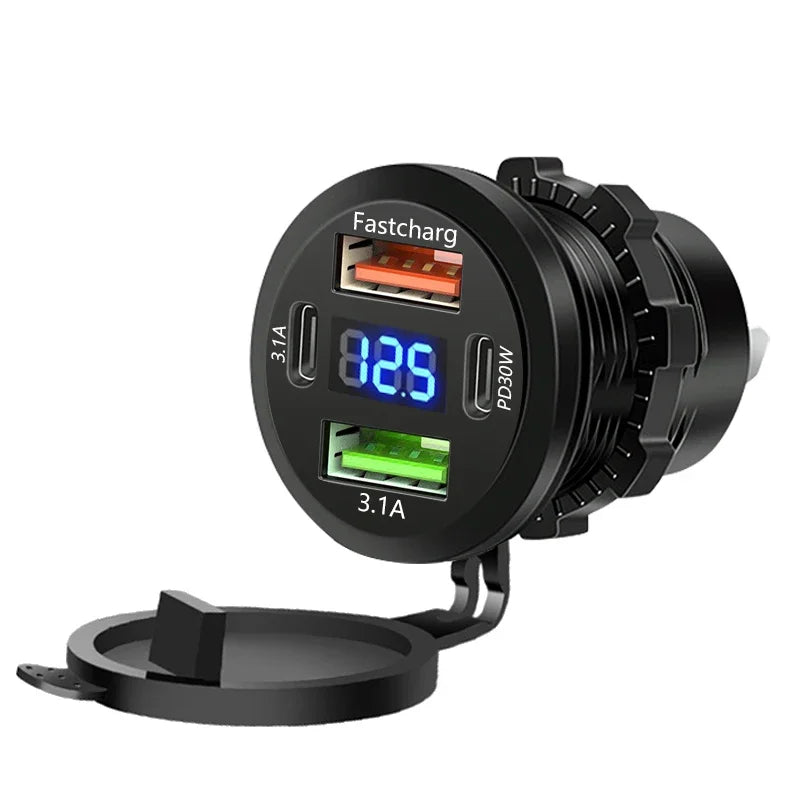 Car Charger Socket Dual Type-C & Dual USB 4Ports Fast Charging Socket Waterproof with Voltmeter 12V/24V For Car Boat Motorcycle