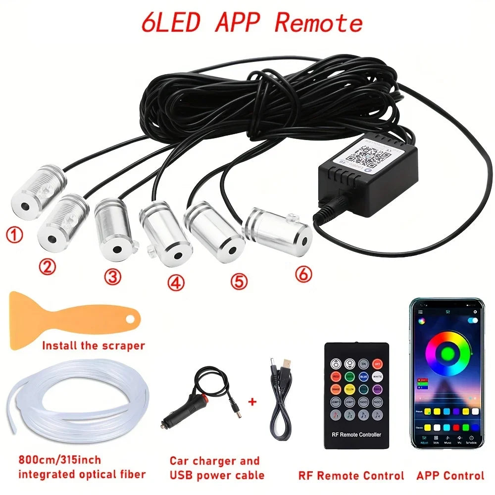 LED Car Interior Ambient Strip Lights RGB Fiber Optic Atmosphere Neon Lighting Kit W/ APP Remote Control Auto Decorative Lamps