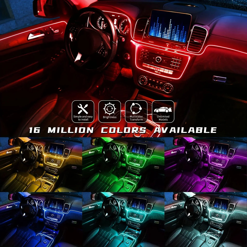 LED Car Interior Ambient Strip Lights RGB Fiber Optic Atmosphere Neon Lighting Kit W/ APP Remote Control Auto Decorative Lamps
