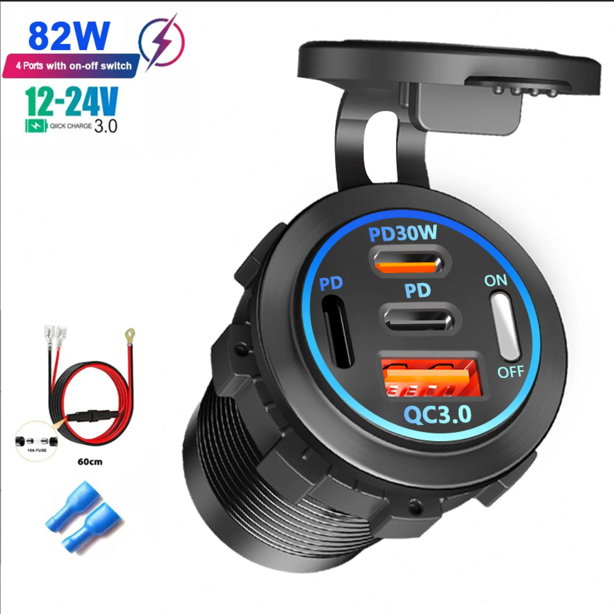Car Charger Socket Dual Type-C & Dual USB 4Ports Fast Charging Socket Waterproof with Voltmeter 12V/24V For Car Boat Motorcycle