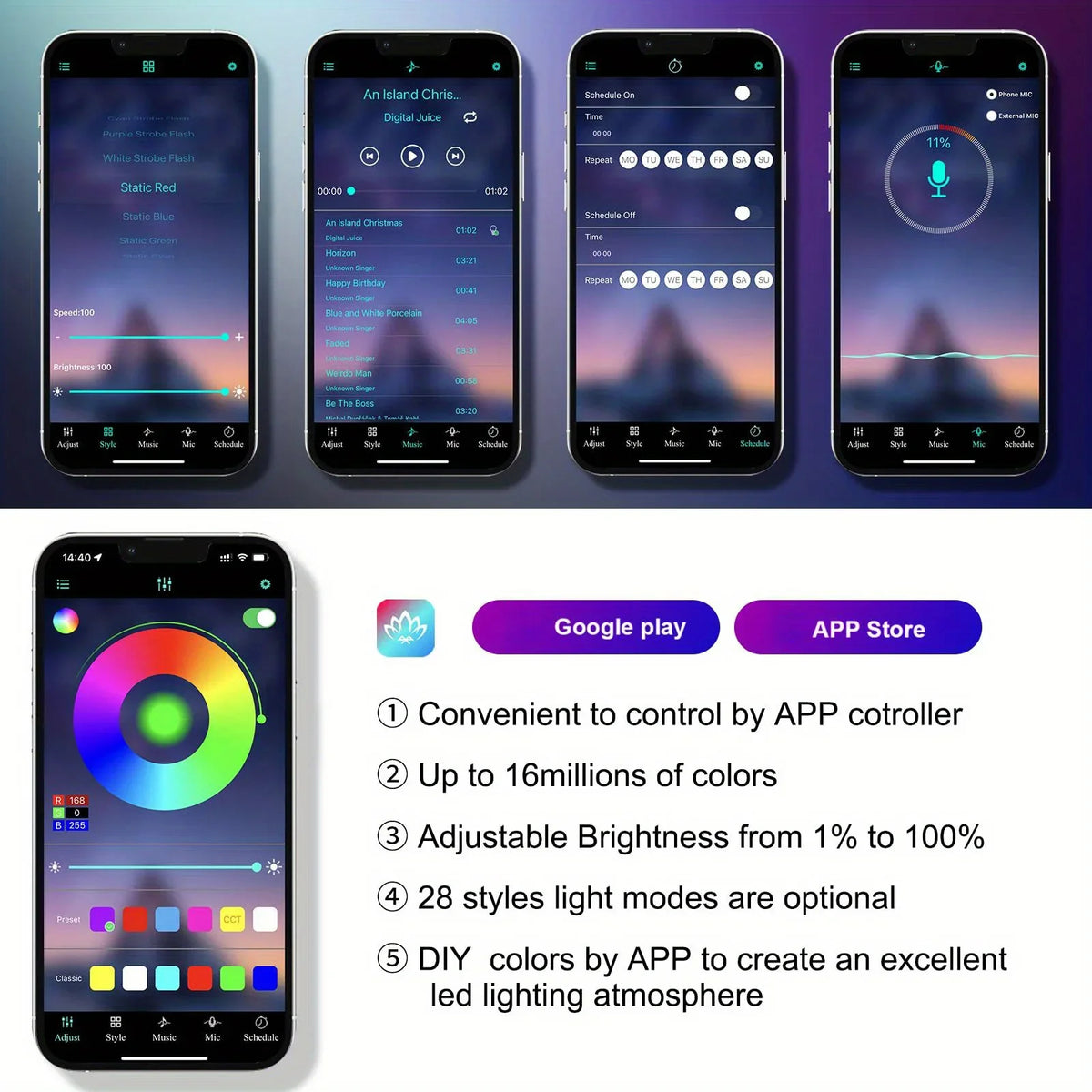 LED Car Interior Ambient Strip Lights RGB Fiber Optic Atmosphere Neon Lighting Kit W/ APP Remote Control Auto Decorative Lamps