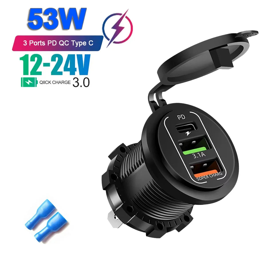 Car Charger Socket Dual Type-C & Dual USB 4Ports Fast Charging Socket Waterproof with Voltmeter 12V/24V For Car Boat Motorcycle