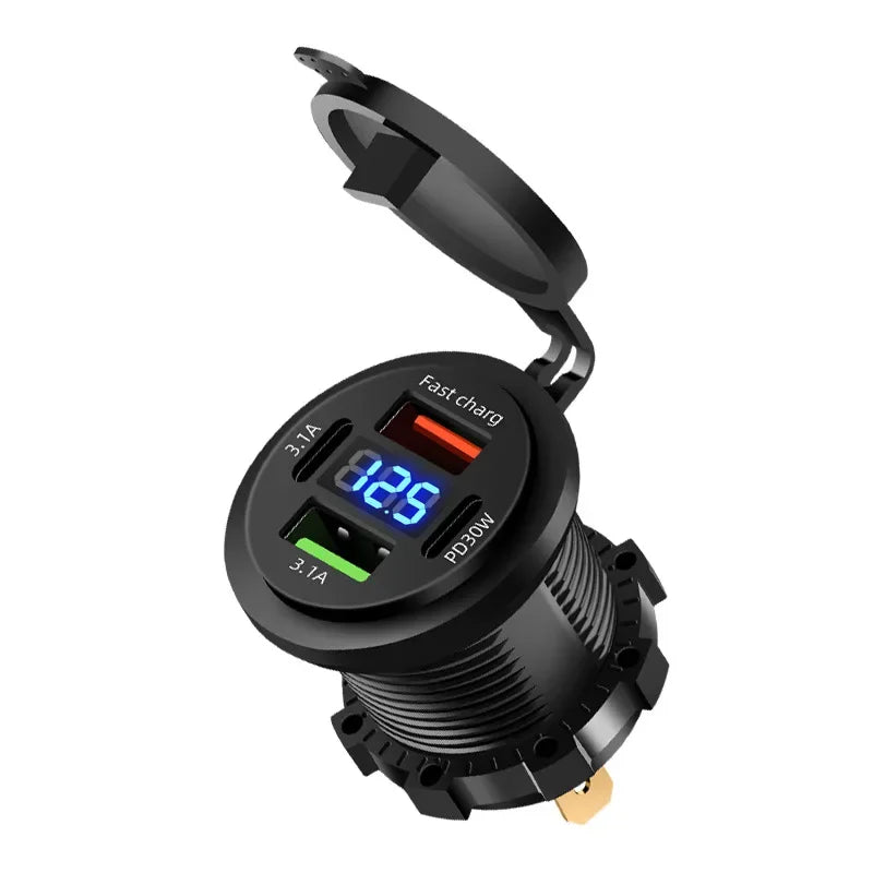 Car Charger Socket Dual Type-C & Dual USB 4Ports Fast Charging Socket Waterproof with Voltmeter 12V/24V For Car Boat Motorcycle