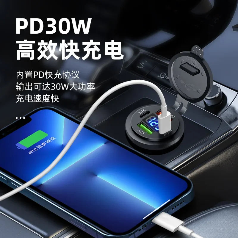 Car Charger Socket Dual Type-C & Dual USB 4Ports Fast Charging Socket Waterproof with Voltmeter 12V/24V For Car Boat Motorcycle