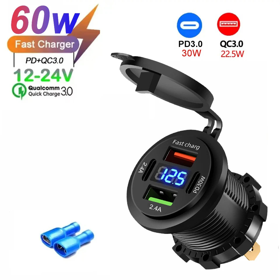 Car Charger Socket Dual Type-C & Dual USB 4Ports Fast Charging Socket Waterproof with Voltmeter 12V/24V For Car Boat Motorcycle