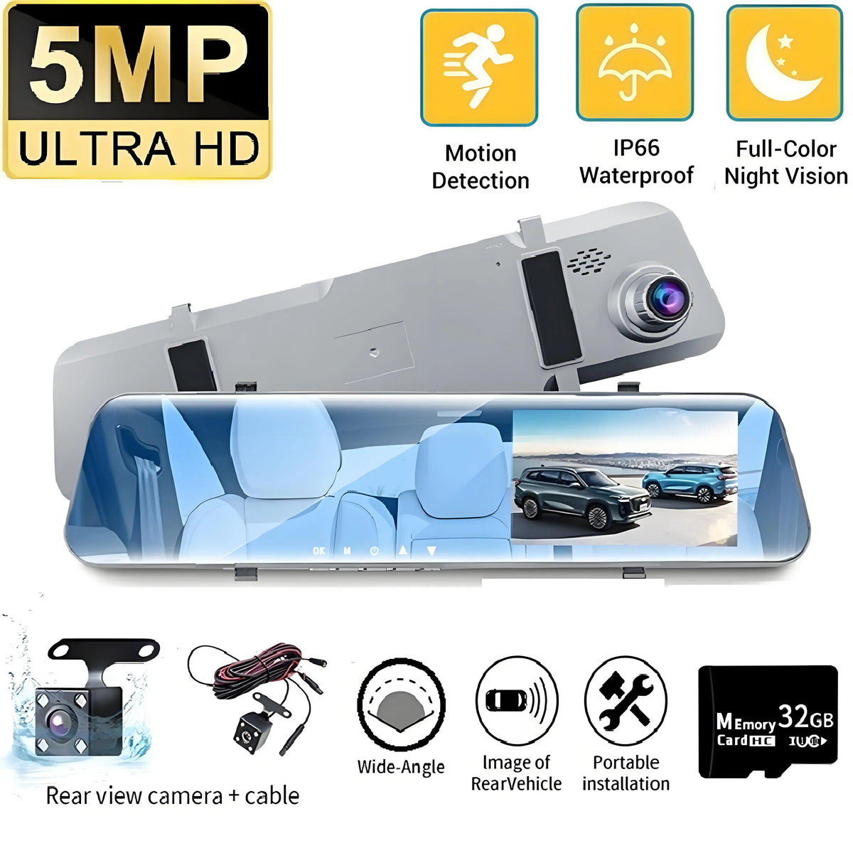 5MP Dash Cam Car Optional Dual Lens Night Vision 12In DVR Rearview Mirror Dash Camera Video Recorder Auto Wide-angle Camera